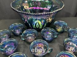 Vintage Indiana Glass Iridescent Blue Harvest Carnival Glass Punch Bowl Set 13