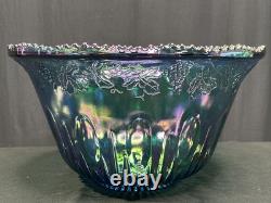 Vintage Indiana Glass Iridescent Blue Harvest Carnival Glass Punch Bowl Set 13