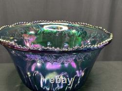 Vintage Indiana Glass Iridescent Blue Harvest Carnival Glass Punch Bowl Set 13
