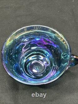 Vintage Indiana Glass Iridescent Blue Harvest Carnival Glass Punch Bowl Set 13