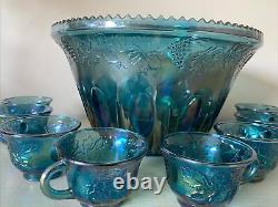 Vintage Indiana Glass Iridescent Blue Harvest Carnival Glass Punch Bowl Set 8 Cu