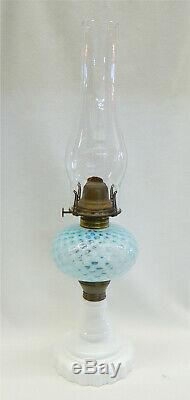 Vintage LG Wright Fenton Opalescent Blue Coin Spot Dot Oil Lamp