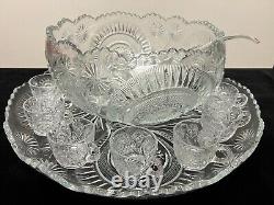 Vintage L. E. Smith Glass Skewed Horseshoe Punch Bowl with12 Cups & Tray Set