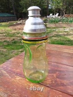 Vintage Large Art Deco Uranium Vasoline Glass Cocktail Shaker with Stripes
