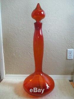 Vintage Large Blenko Glass Wayne Husted Red Orange 30 Inch Genie Decanter Bottle