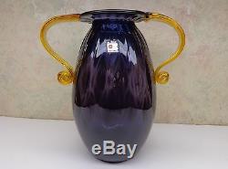 Vintage Large Blenko Handmade Art Glass Vase Amethyst 2 Handled Amber Glass