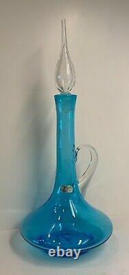 Vintage MCM Bischoff Blue Decanter with Flame Stopper and Applied Handle 17 Tall