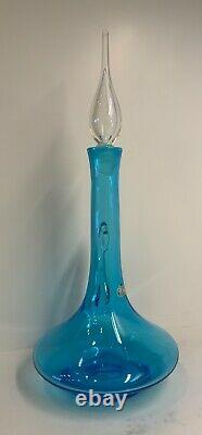 Vintage MCM Bischoff Blue Decanter with Flame Stopper and Applied Handle 17 Tall