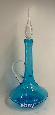 Vintage MCM Bischoff Blue Decanter with Flame Stopper and Applied Handle 17 Tall