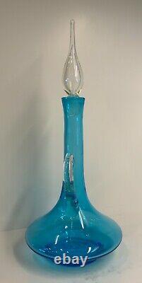 Vintage MCM Bischoff Blue Decanter with Flame Stopper and Applied Handle 17 Tall