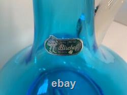 Vintage MCM Bischoff Blue Decanter with Flame Stopper and Applied Handle 17 Tall