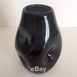 Vintage MID Century Modern Blenko Charcoal Grey Hand Blown Glass Dimple Vase