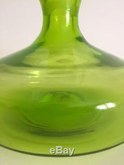 Vintage MID Century Modern Blenko Chartreuse Green Hand Blown Glass Bottle Vase
