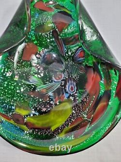Vintage MURANO AVEM Green Tutti Frutti Bizantino Silver Flake Art Glass Bowl MCM