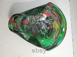 Vintage MURANO AVEM Green Tutti Frutti Bizantino Silver Flake Art Glass Bowl MCM