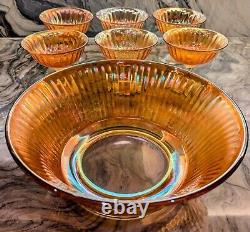Vintage Marigold Carnival Glass Dessert Bowl with 6 Sherbet Pedestal Cups