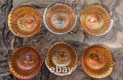 Vintage Marigold Carnival Glass Dessert Bowl with 6 Sherbet Pedestal Cups