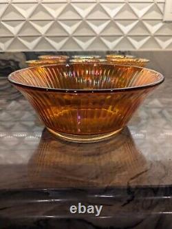 Vintage Marigold Carnival Glass Dessert Bowl with 6 Sherbet Pedestal Cups
