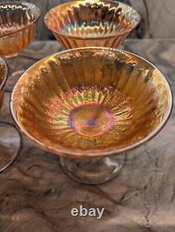 Vintage Marigold Carnival Glass Dessert Bowl with 6 Sherbet Pedestal Cups