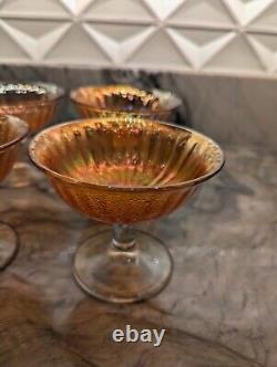 Vintage Marigold Carnival Glass Dessert Bowl with 6 Sherbet Pedestal Cups