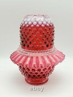 Vintage Marked Fenton 3 Pc. Bright Cranberry Opalescent Hobnail 7 Fairy Lamp