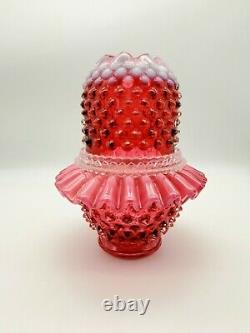 Vintage Marked Fenton 3 Pc. Bright Cranberry Opalescent Hobnail 7 Fairy Lamp