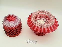 Vintage Marked Fenton 3 Pc. Bright Cranberry Opalescent Hobnail 7 Fairy Lamp