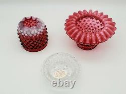 Vintage Marked Fenton 3 Pc. Bright Cranberry Opalescent Hobnail 7 Fairy Lamp