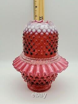 Vintage Marked Fenton 3 Pc. Bright Cranberry Opalescent Hobnail 7 Fairy Lamp