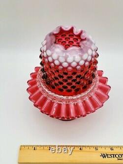 Vintage Marked Fenton 3 Pc. Bright Cranberry Opalescent Hobnail 7 Fairy Lamp