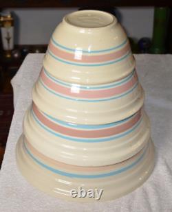 Vintage McCoy Pottery Pink & Blue Stripes qty 4 Mixing Nesting Bowls Set
