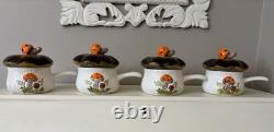 Vintage Merry Mushroom Ceramic Handled Soup Bowls Set Of 4 With LIDS
