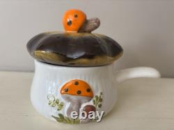 Vintage Merry Mushroom Ceramic Handled Soup Bowls Set Of 4 With LIDS