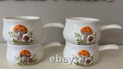 Vintage Merry Mushroom Ceramic Handled Soup Bowls Set Of 4 With LIDS