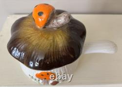 Vintage Merry Mushroom Ceramic Handled Soup Bowls Set Of 4 With LIDS