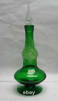 Vintage Mid Century hand blown Art Glass DECANTER, Lime Green/Air Bubble Stopper