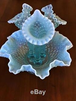 Vintage Mint Fenton 9 1/2Blue Opalescent Hobnail Art Glass Epergne 3 Lily Horn