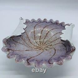 Vintage Murano Art Glass Folded Gold Purple Bowl Dish Centerpiece 2.5T 10.5W