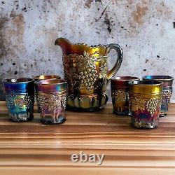 Vintage Northwood Grape and Cable Amethyst Carnival Glass 7 Piece Water Set