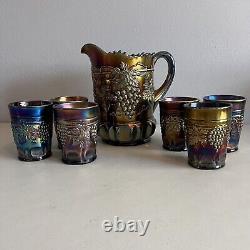 Vintage Northwood Grape and Cable Amethyst Carnival Glass 7 Piece Water Set