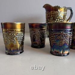 Vintage Northwood Grape and Cable Amethyst Carnival Glass 7 Piece Water Set