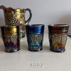Vintage Northwood Grape and Cable Amethyst Carnival Glass 7 Piece Water Set