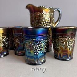 Vintage Northwood Grape and Cable Amethyst Carnival Glass 7 Piece Water Set