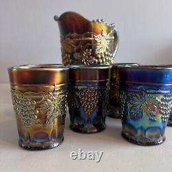 Vintage Northwood Grape and Cable Amethyst Carnival Glass 7 Piece Water Set