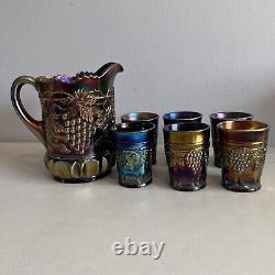 Vintage Northwood Grape and Cable Amethyst Carnival Glass 7 Piece Water Set