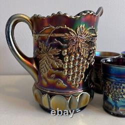 Vintage Northwood Grape and Cable Amethyst Carnival Glass 7 Piece Water Set
