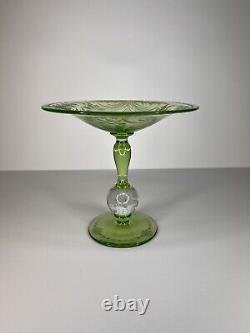 Vintage Pairpoint Etched Glass Compote with Controlled Bubbles Uranium glass