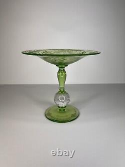 Vintage Pairpoint Etched Glass Compote with Controlled Bubbles Uranium glass