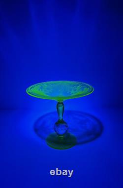 Vintage Pairpoint Etched Glass Compote with Controlled Bubbles Uranium glass