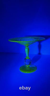 Vintage Pairpoint Etched Glass Compote with Controlled Bubbles Uranium glass